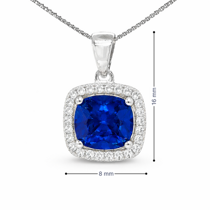 September Birthstone Sapphire Color CZ Cushion Pendant In Sterling Silver