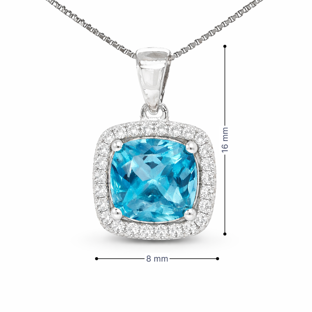 March Birthstone Color CZ Cushion Pendant in Sterling Silver