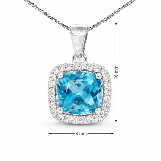 March Birthstone Color CZ Cushion Pendant in Sterling Silver