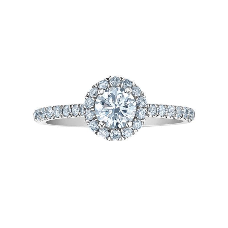14K White Gold 0.84tdw Lab Grown Round Halo Diamond Engagement Ring With Side Diamonds