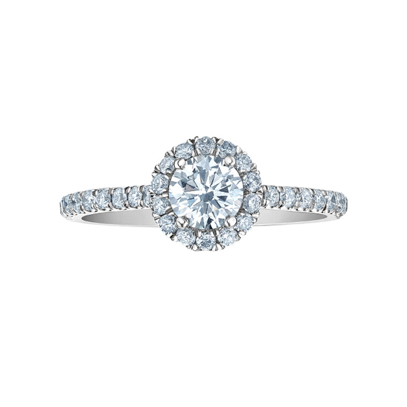 14K White Gold 0.84tdw Lab Grown Round Halo Diamond Engagement Ring With Side Diamonds