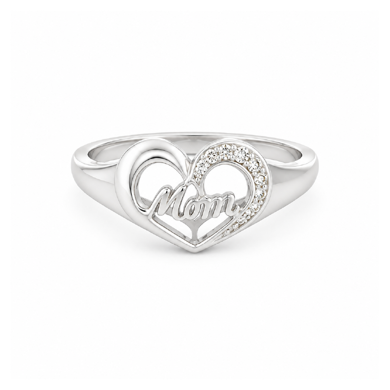 10K White Gold Diamond Mom Heart Ring