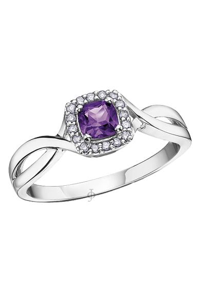 10k white gold 0.07tdw Diamonds and a cushion amethyst gemstone measuring approximately 4x4mm is beautifully set in a cushion halo setting. Elegant and graceful, this brilliant diamond and amethyst ring showcases a halo of sparkling diamonds surrounding the center gemstone. A perfect gift for birthdays, anniversaries, mother&#39;s day, and graduation. Matching earrings and pendants can be purchased separately to complete the set. Available at obsessions jewellery Scarborough Ontario. On sale now.