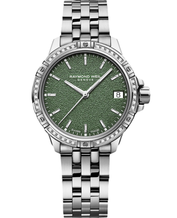 Raymond Weil Tango Classic Ladies Quartz Diamonds Green Frosted Dial Steel Date Watch, 30mm 5960-sts-52061