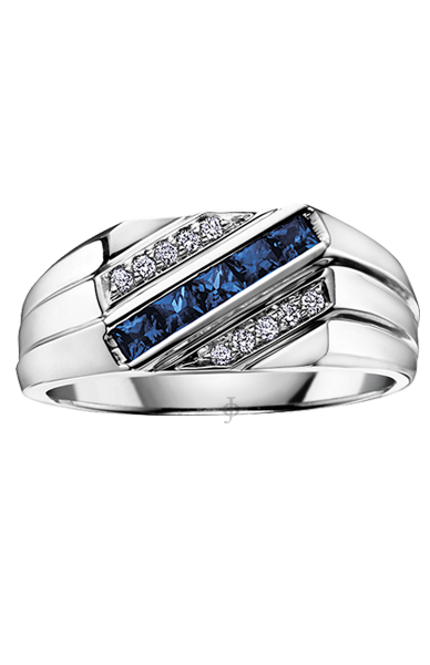 10K White Gold Blue Sapphire and Diamond Men&#39;s Ring