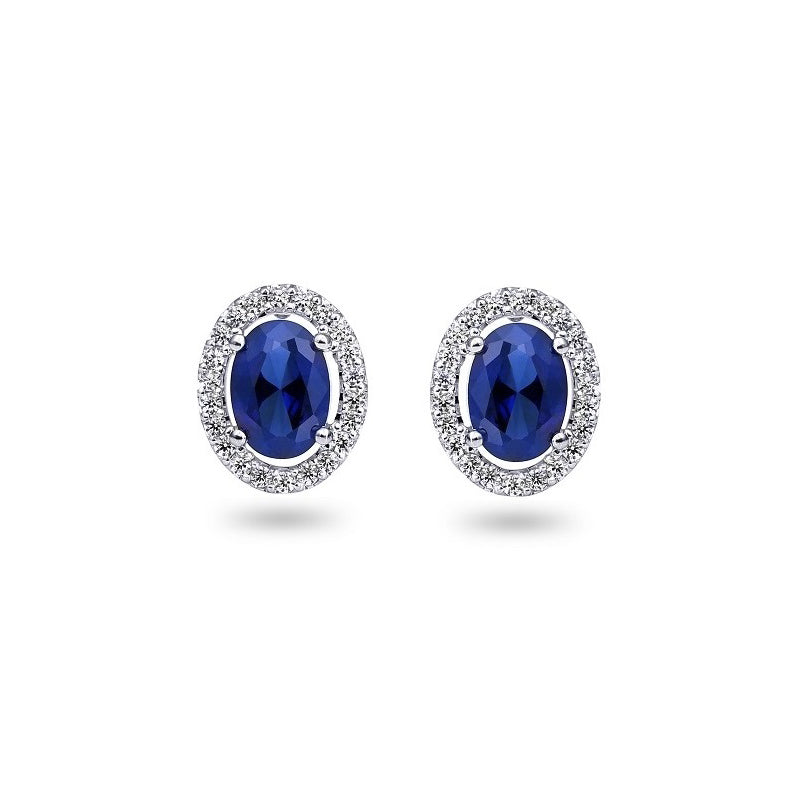 0.21TDW Diamond & 2.5X3MM Oval Sapphire Halo Earrings in 10k White Gold