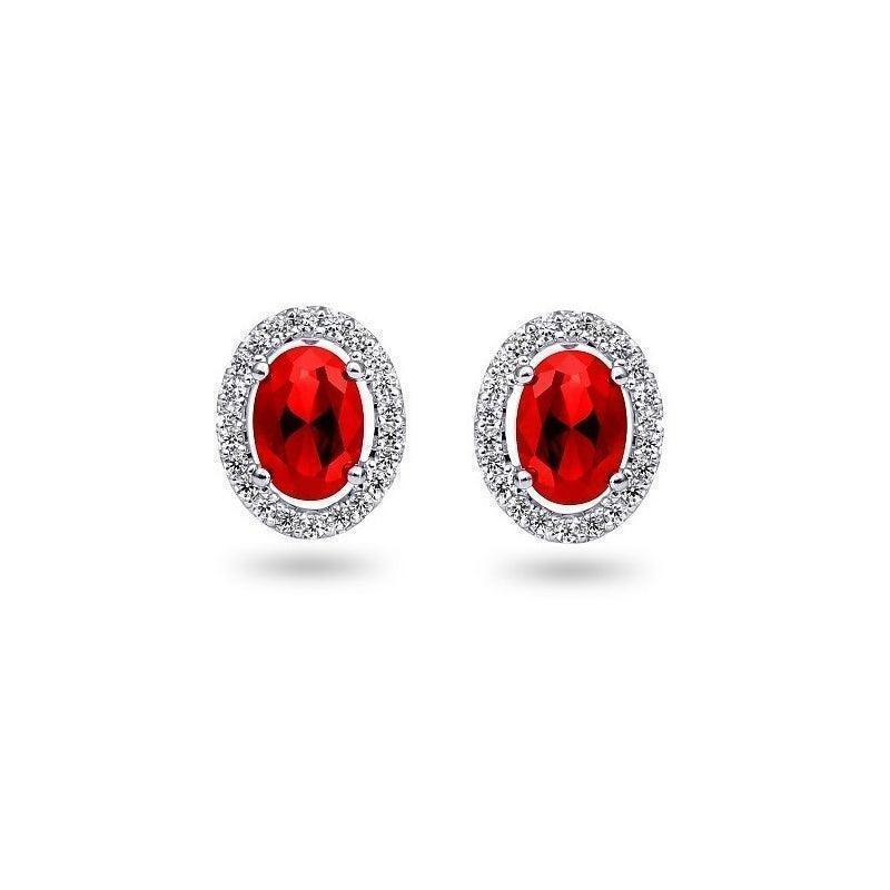 0.21TDW Diamond & 2.5X3MM Oval Ruby Halo Earrings in 10k White Gold