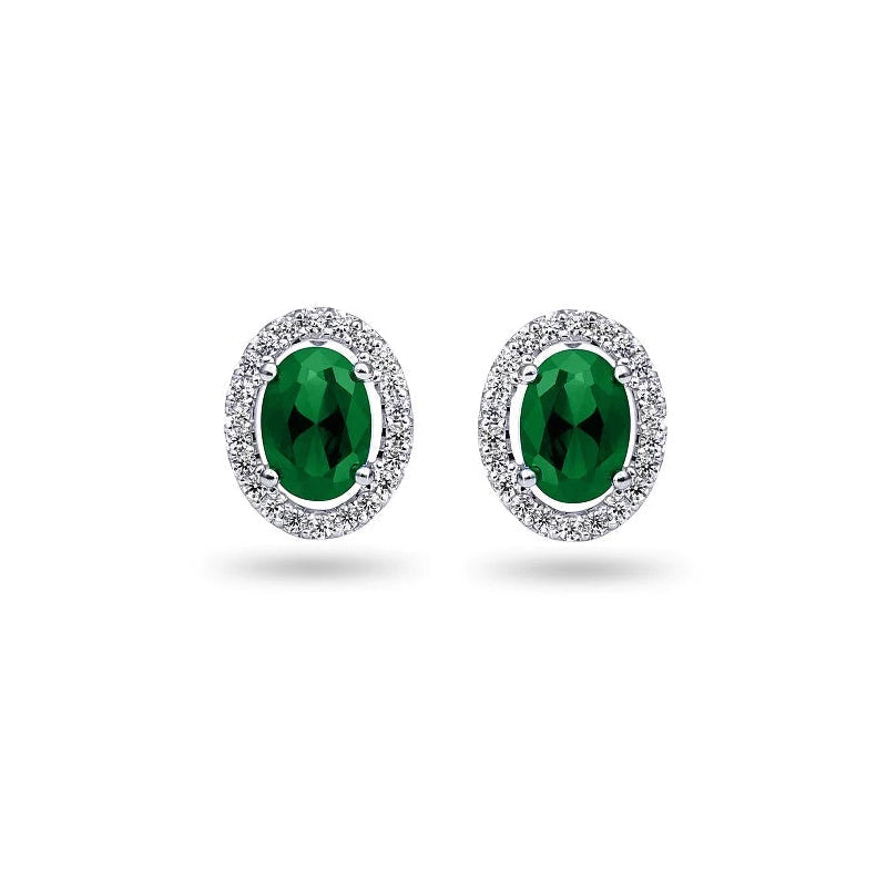 10K White Gold 0.21TDW Diamond &amp; 2.5X3MM Oval Emerald Halo Earrings