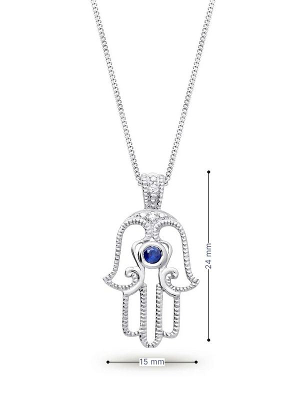 0.01TDW Diamond and 2.5mm Sapphire Hamsa Pendant in 10K White Gold