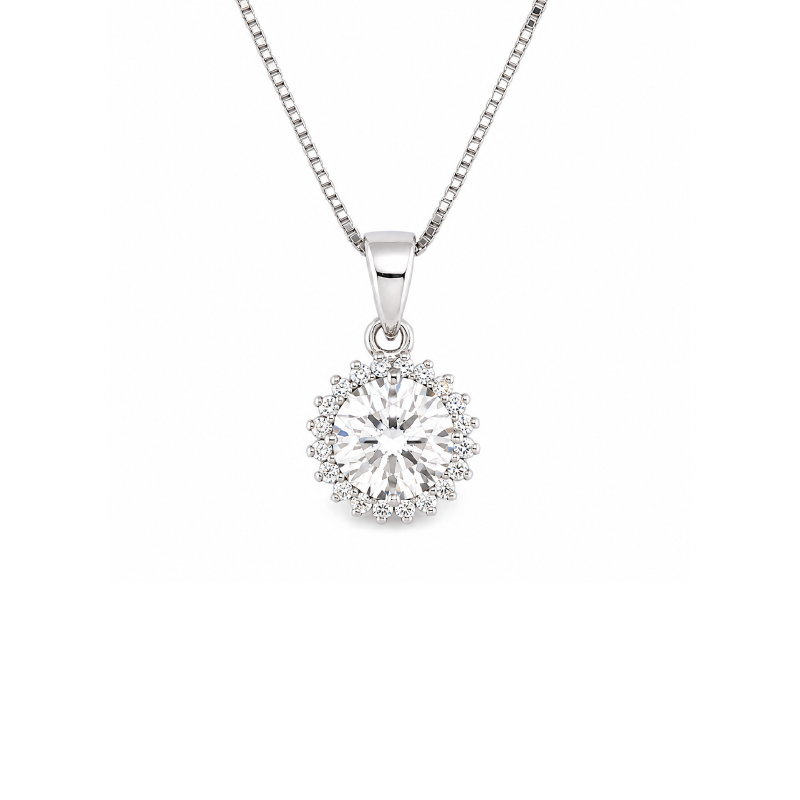Sterling Silver White Gold Plated CZ Round Halo Pendant