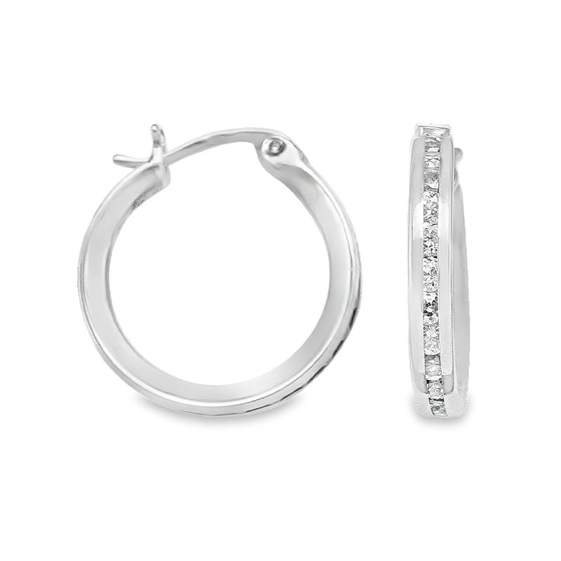 10k White Gold CZ Round Hoop Earrings