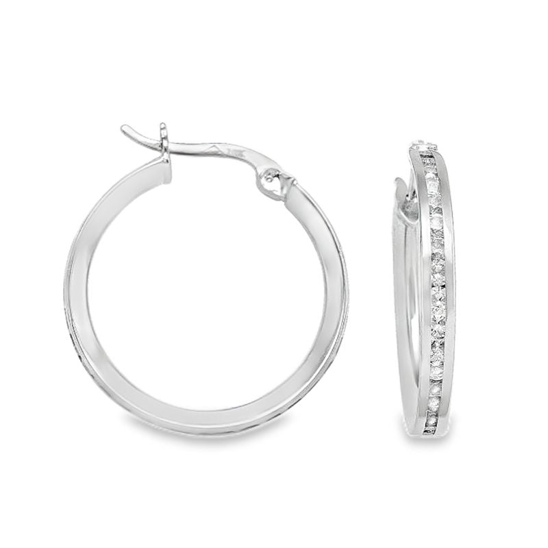 CZ Round Hoop Earrings in 10K White Gold