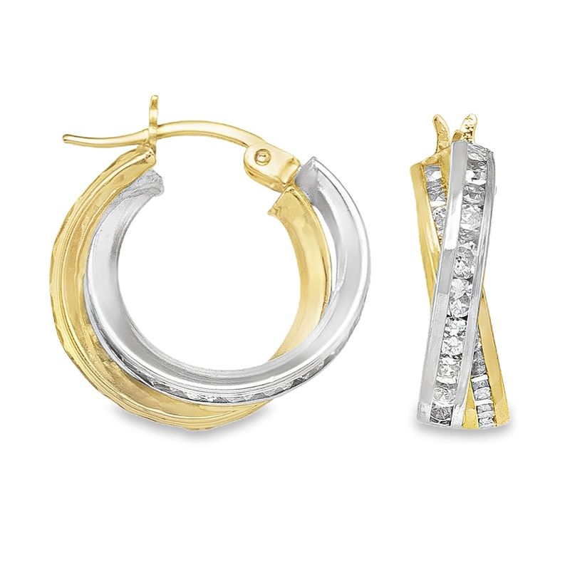 10k Two Tone Gold Fancy CZ Hoop Earrings