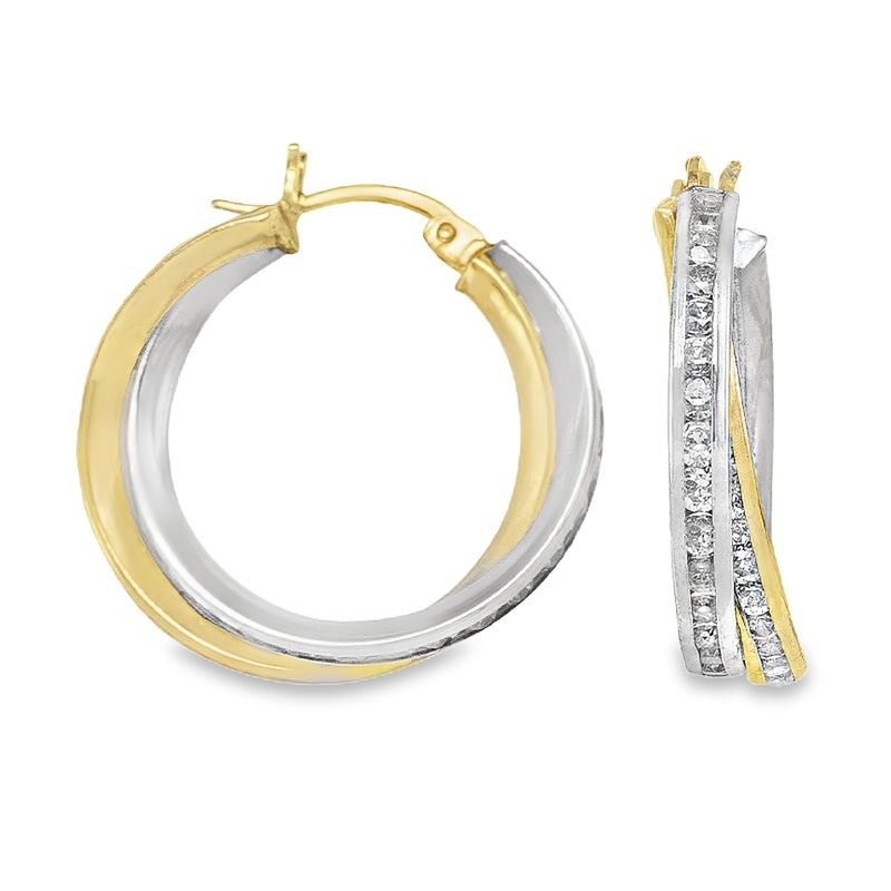 Fancy CZ Hoop Earrings in 10K Yellow and White Gold 