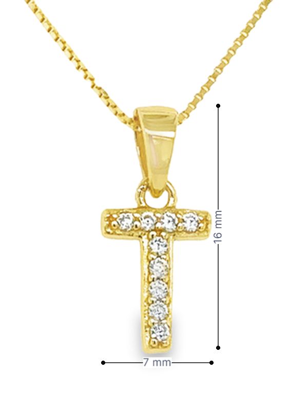 Yellow Gold Plated Sterling Silver CZ Letter T Pendant