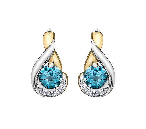 10k White and Yellow Gold Blue Topaz and Diamond Fancy Stud Earring