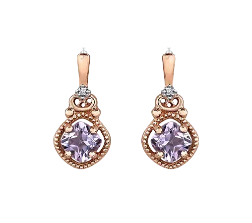 10K Rose Gold Pink Amethyst and Diamond Earrings