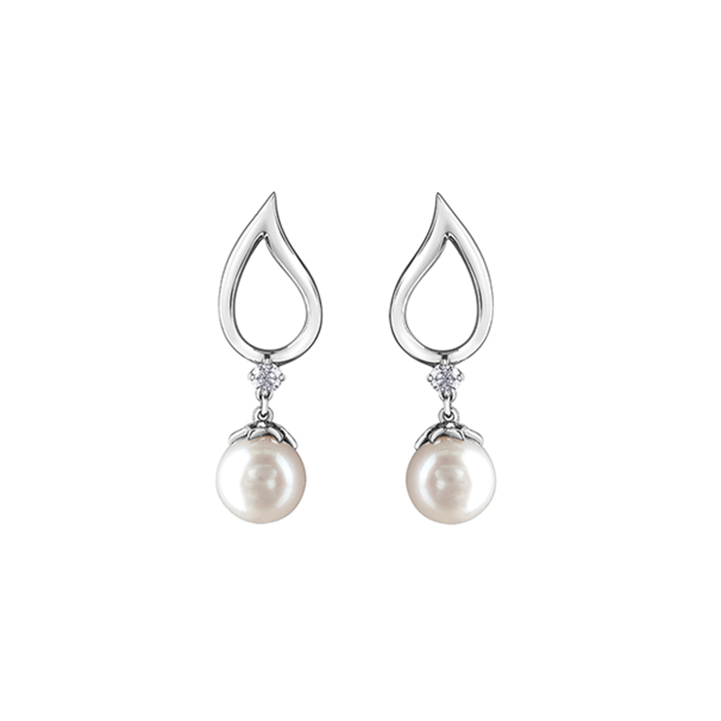 10K White Gold 6.5MM Pearl & 0.08TDW Diamond Dangle Earrings