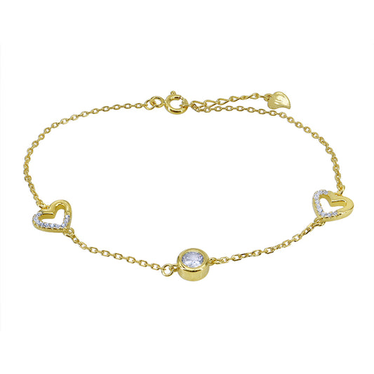 Gold Plated CZ Heart Bracelet in Sterling Silver 