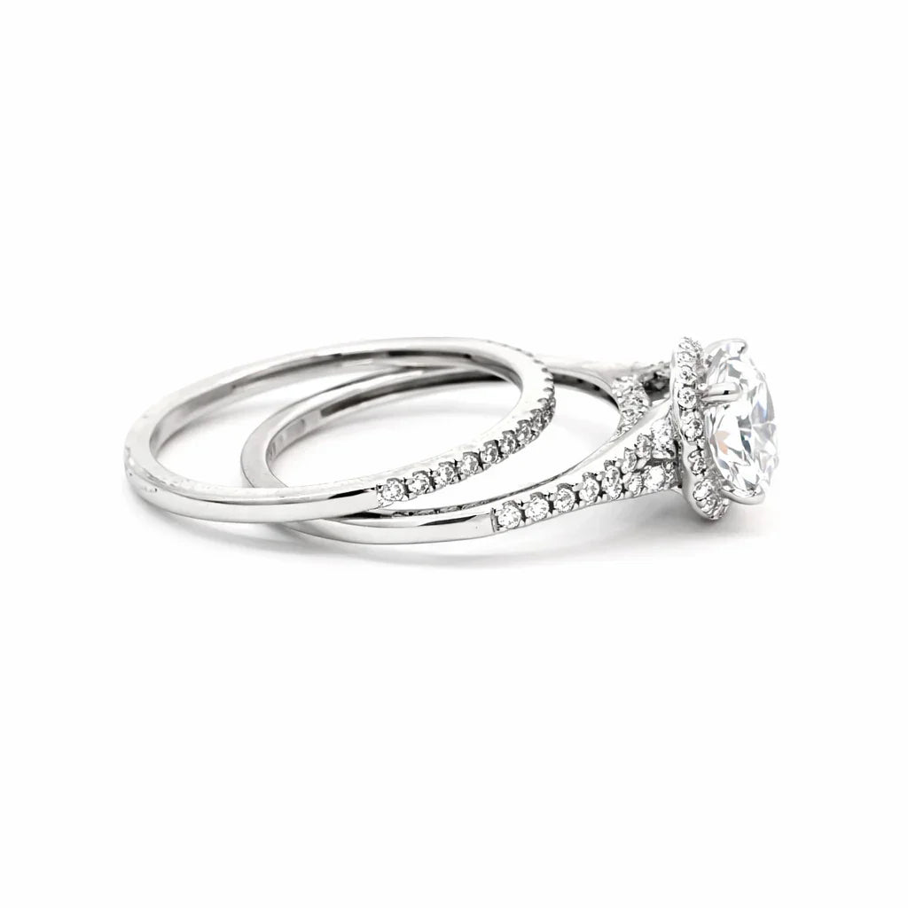 1.42 TDW Lab-Grown Diamond Halo Engagement Ring Set with 10K White Gold