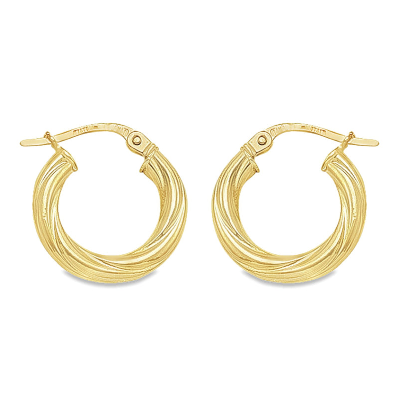 10K, 14K and 18K Yellow Gold Twisted 3mm Tube Hoop Earrings