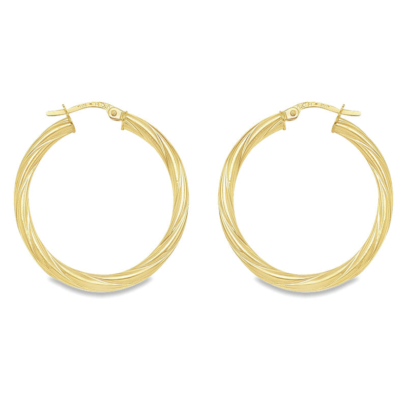 3mm Twisted Tube Hoop Earrings in Solid 10K, 14K and 18K Yellow Gold