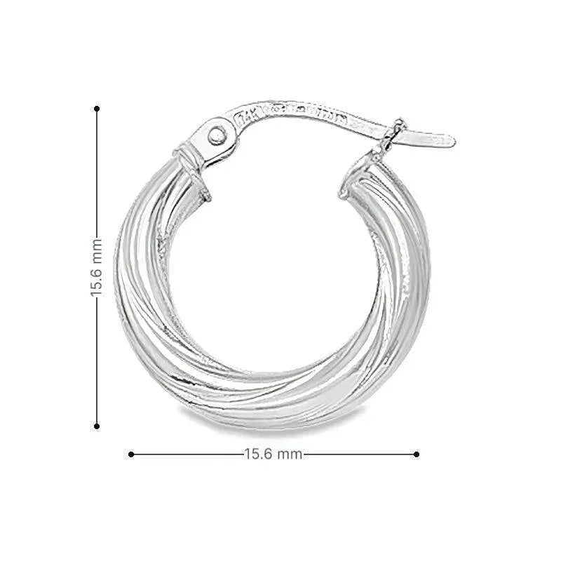 10K, 14K White Gold Twisted 3mm Tube Hoop Earrings