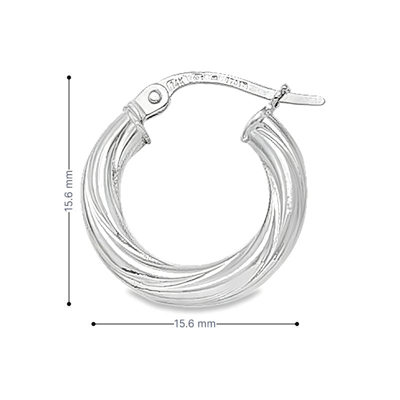 10K, 14K and 18K White Gold Twisted 3mm Tube Hoop Earrings