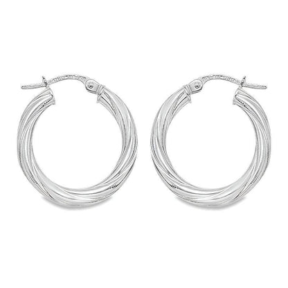 10K, 14K White Gold 3mm Twisted Tube Hoop Earrings