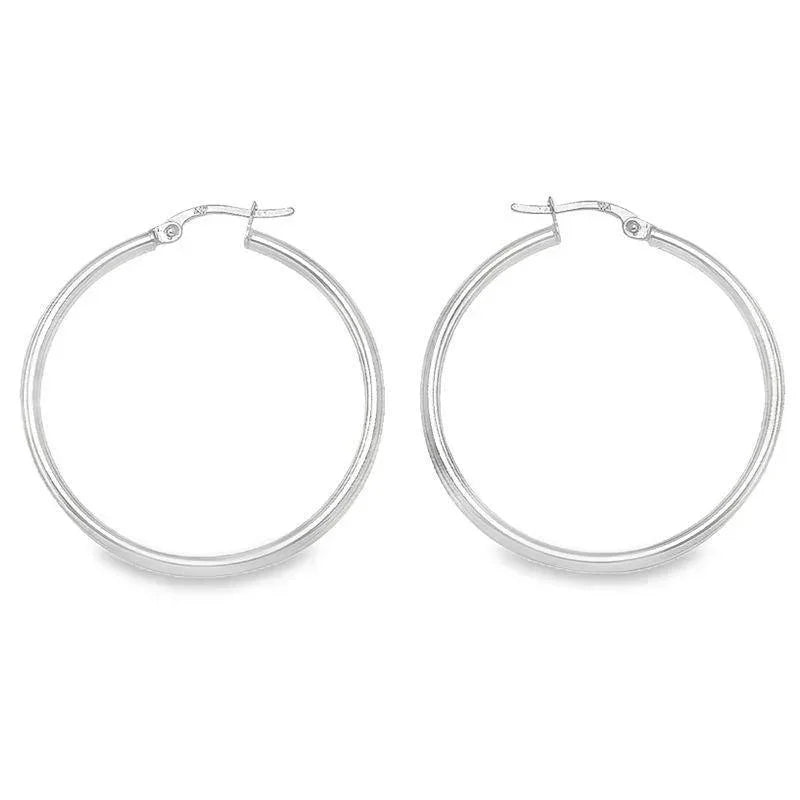 10K, 14K White Gold Plain 2mm Tube High Polish Hoop Earrings