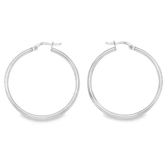 10K, 14K White Gold Plain 2mm Tube High Polish Hoop Earrings