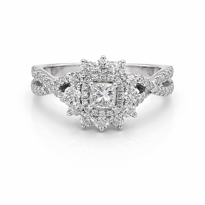 14 Karat White 1.00tdw Princess Cut Solitaire With Halo Side Diamond Engagement Ring