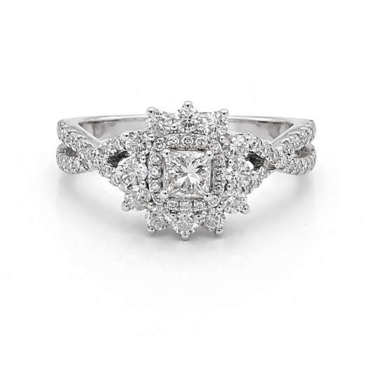 14 Karat White 1.00tdw Princess Cut Solitaire With Halo Side Diamond Engagement Ring