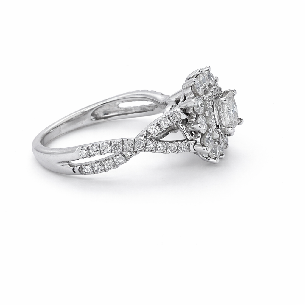 14 Karat White 1.00tdw Princess Cut Solitaire With Halo Side Diamond Engagement Ring
