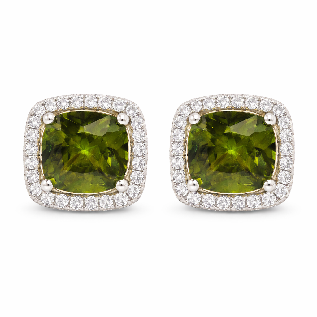 August Birthstone Sterling Silver and Peridot Color CZ Cushion Earrings