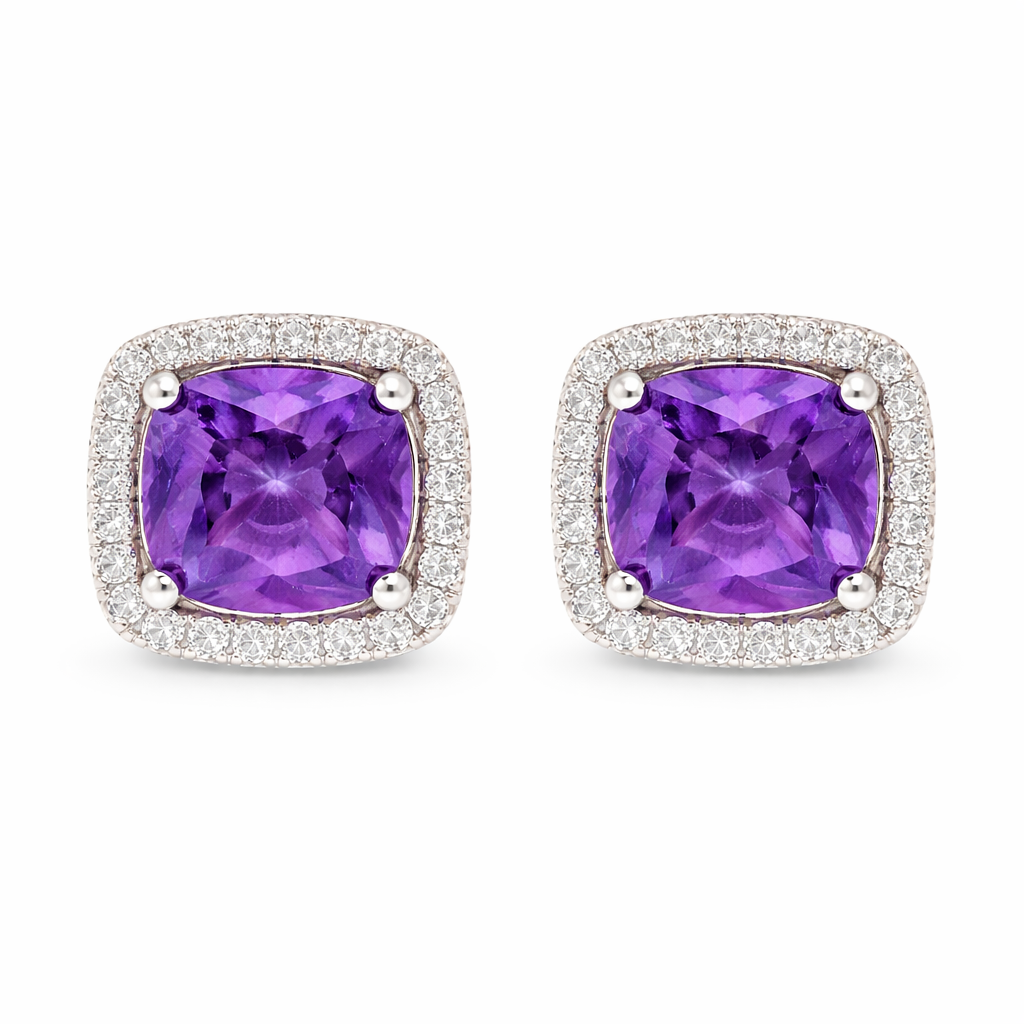 February Birthstone Earrings Amethyst Color CZ in Sterling Silver