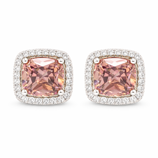 October Birthstone Sterling Silver Cushion Pink Tourmaline Color CZ Earrings