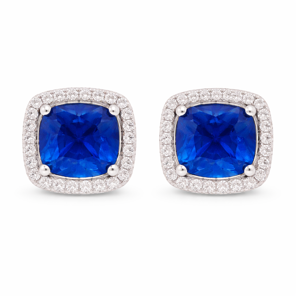 September Birthstone Sapphire Color CZ Cushion Earrings In Sterling Silver