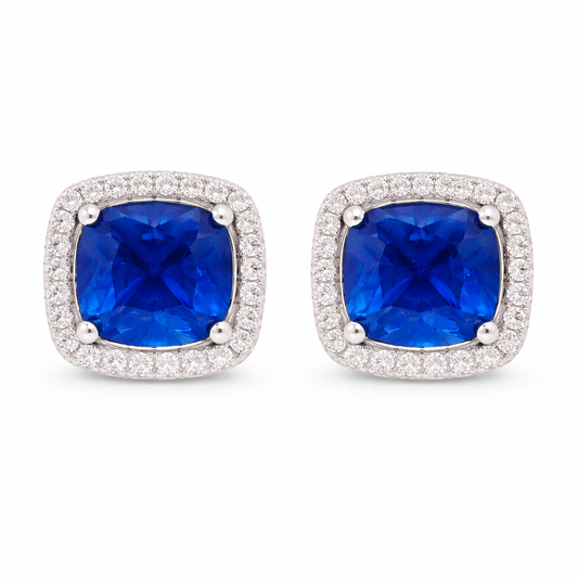 September Birthstone Sapphire Color CZ Cushion Earrings In Sterling Silver