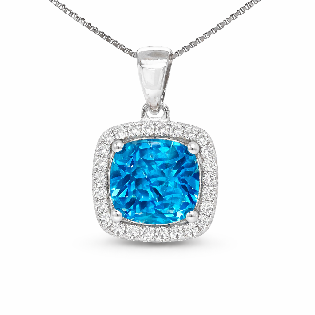 December Birthstone Color Blue CZ Cushion Pendant in Sterling Silver