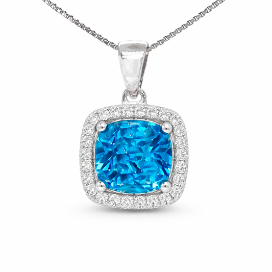 December Birthstone Color Blue CZ Cushion Pendant in Sterling Silver