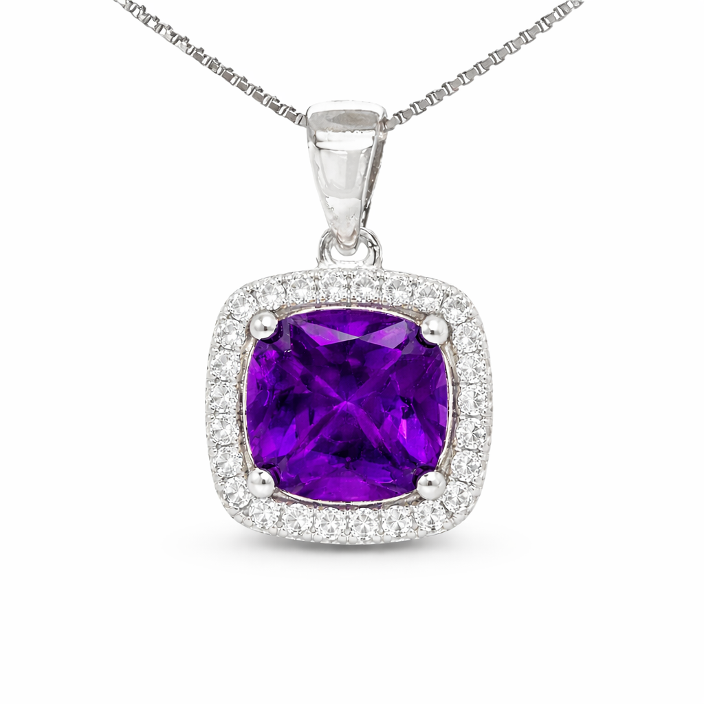 February Birthstone Amethyst Color CZ Pendant in Sterling Silver