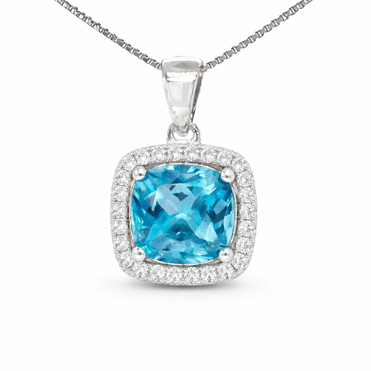 March Birthstone Color CZ Cushion Pendant in Sterling Silver