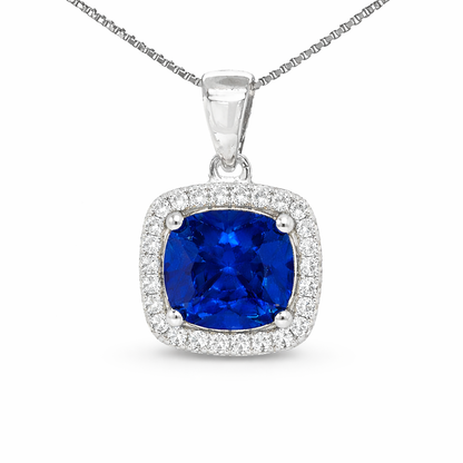 September Birthstone Sapphire Color CZ Cushion Pendant In Sterling Silver