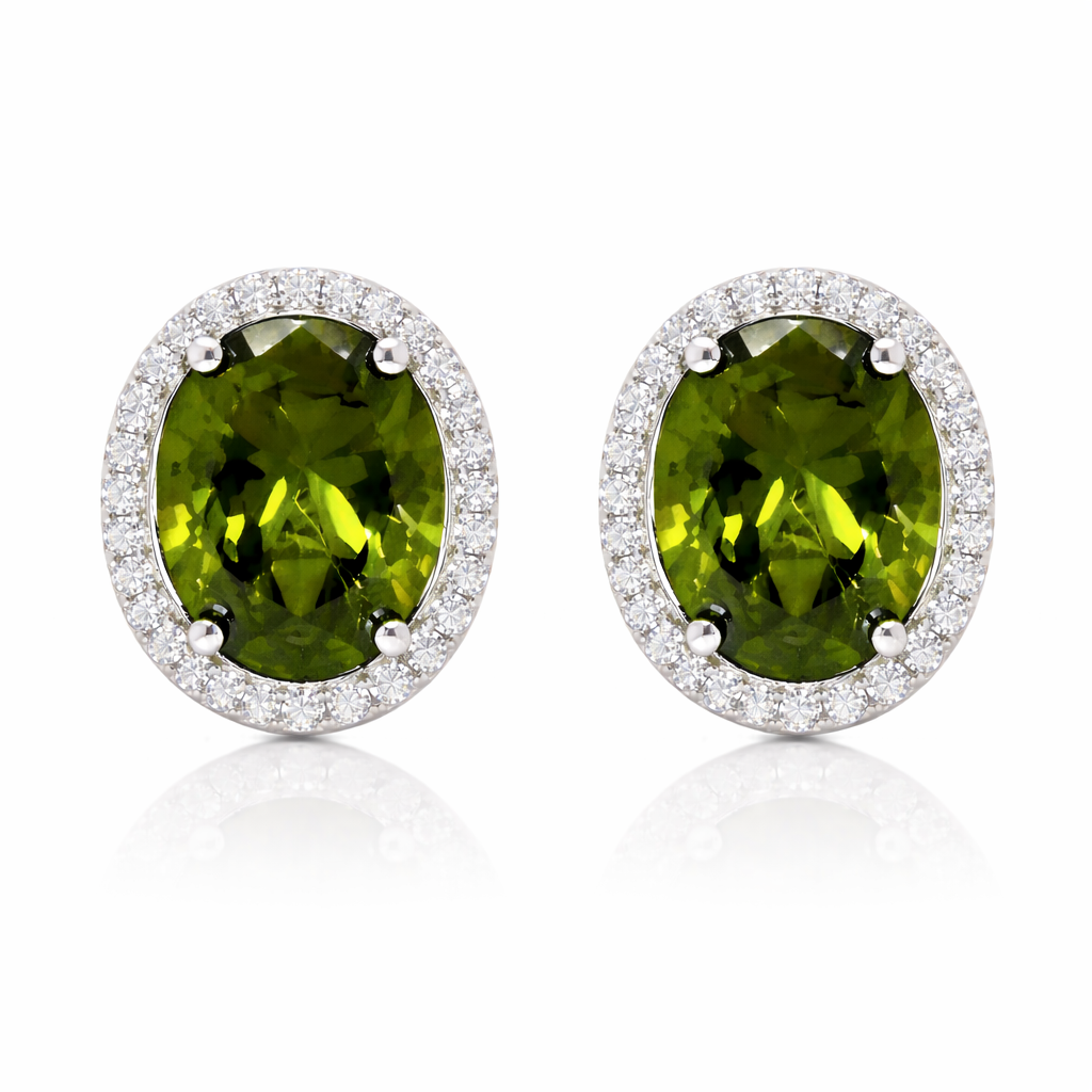 August Birthstone Peridot Color CZ Oval Halo Earring In Sterling Silver
