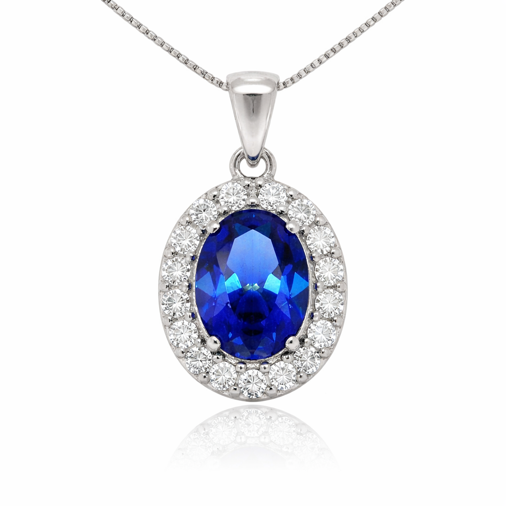 September Birthstone Color CZ Oval Pendant in Sterling Silver