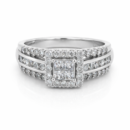 14K White Gold 1.00TDW Diamond Quad Princess Cut Halo Engagement Ring