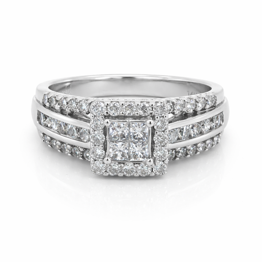 14K White Gold 1.00TDW Diamond Quad Princess Cut Halo Engagement Ring