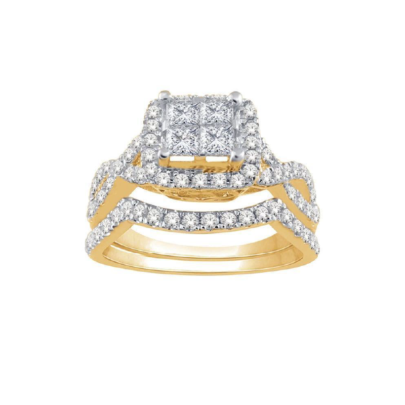 14k Yellow Gold 1.00TDW Diamond Quad Halo Bridal Set with Eternity Shank