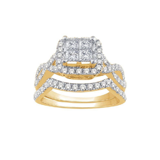 14k Yellow Gold 1.00TDW Diamond Quad Halo Bridal Set with Eternity Shank